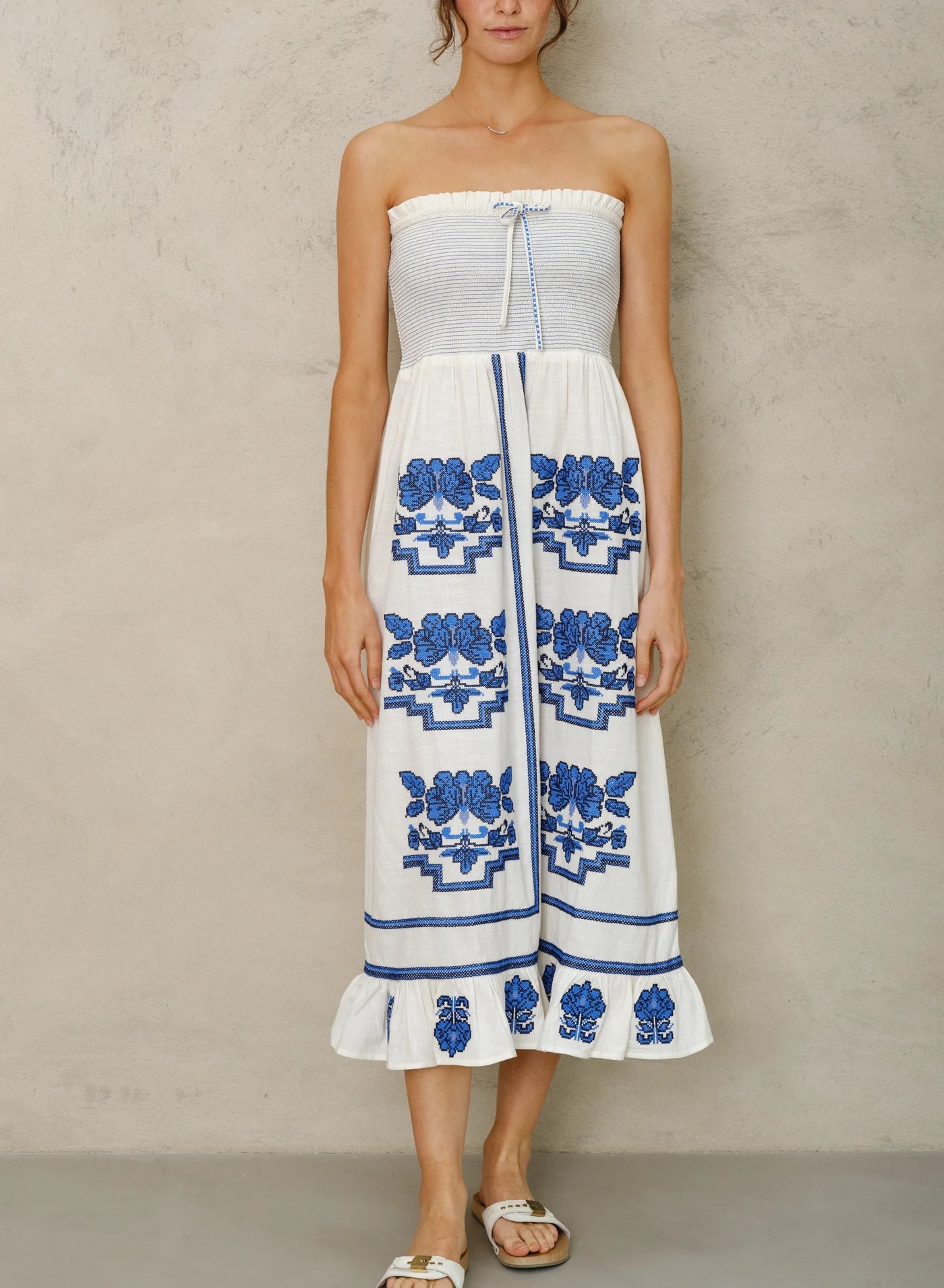 M.A.B.E Carmi Sundress - Ecru/Blue Geometric