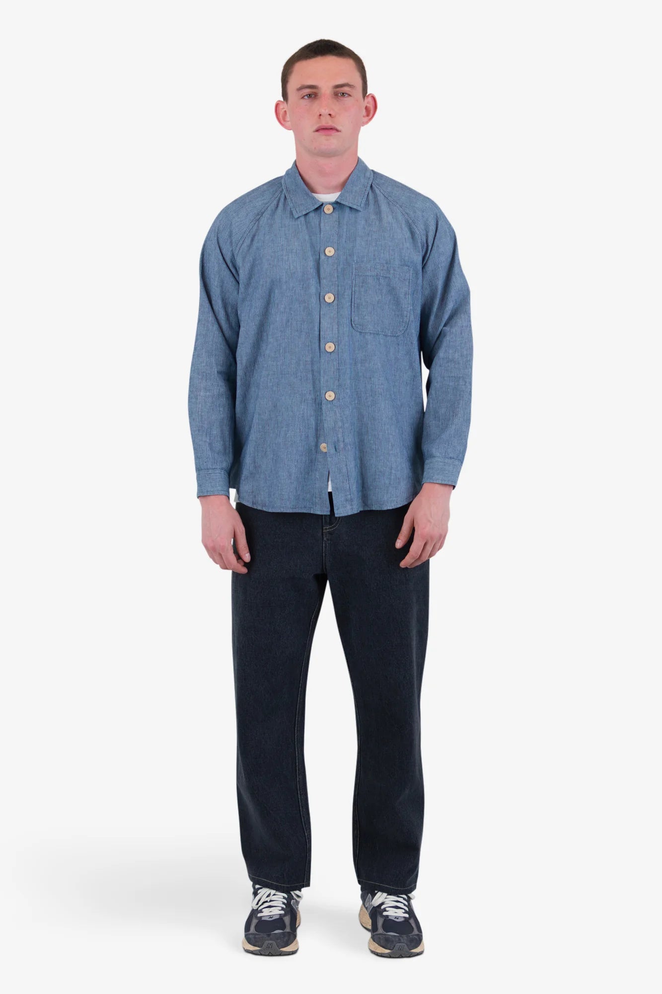Folk Raglan Washed Indigo Stripe Shirt
