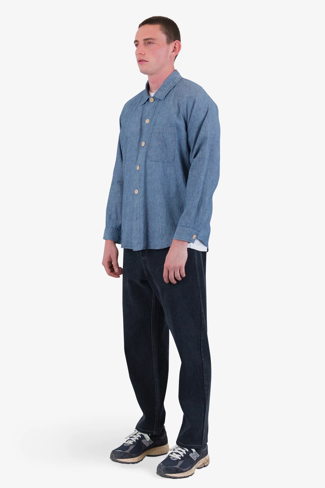 Folk Raglan Washed Indigo Stripe Shirt
