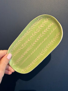 Starling Pots Parakeet long oval sgraffito ceramic side dish