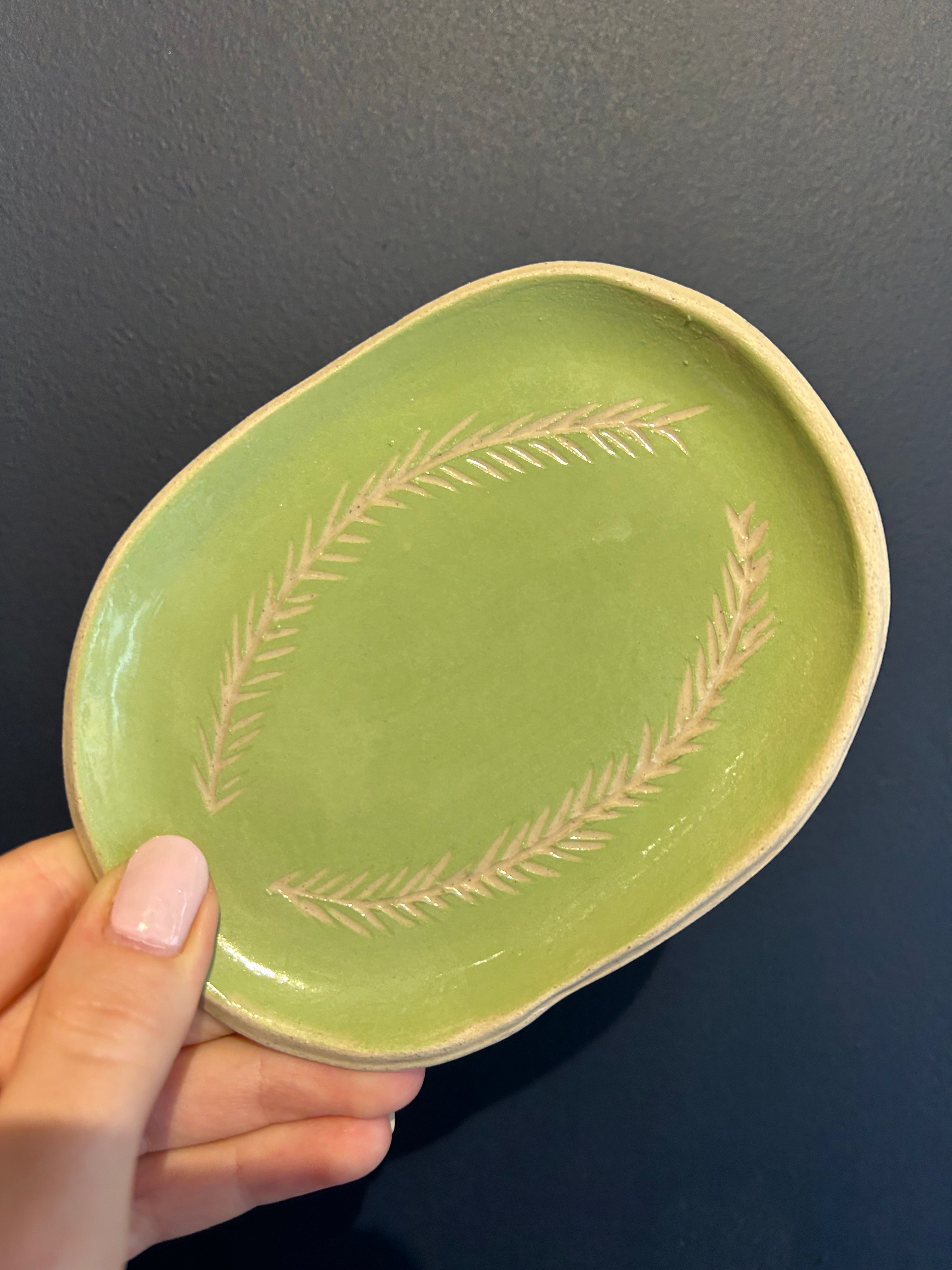 Starling Pots Parakeet green Sgraffito oval ceramic side dish