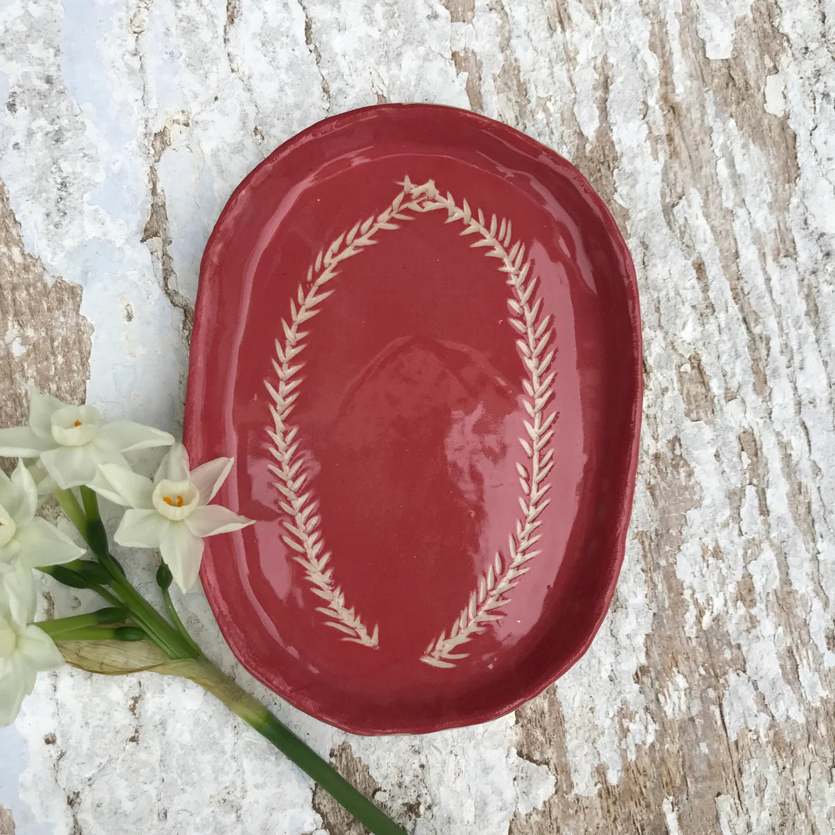 Starling Pots Rhubarb sgraffito oval ceramic dish large