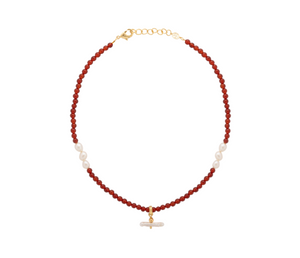 Sandralexandra pearl T bar and agate red stone necklace