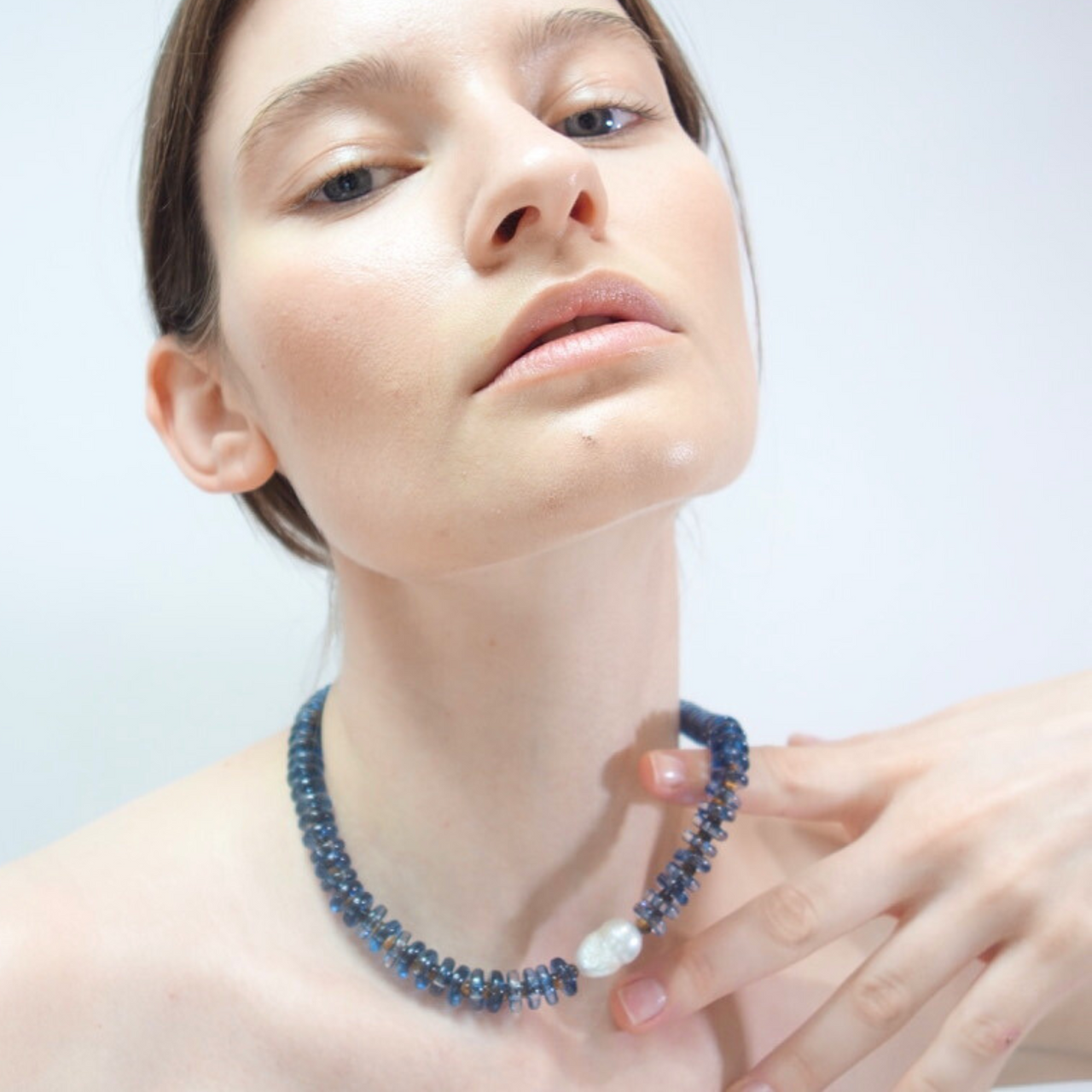Sandralexandra blue and tiger eye rondelle wave necklace with baroque pearl