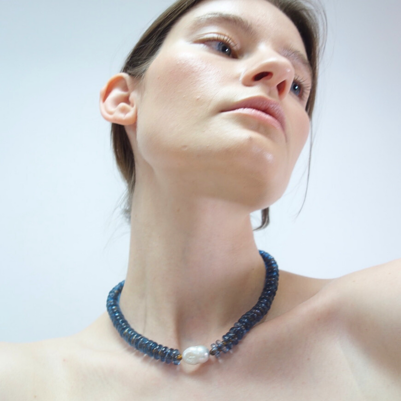 Sandralexandra blue and tiger eye rondelle wave necklace with baroque pearl