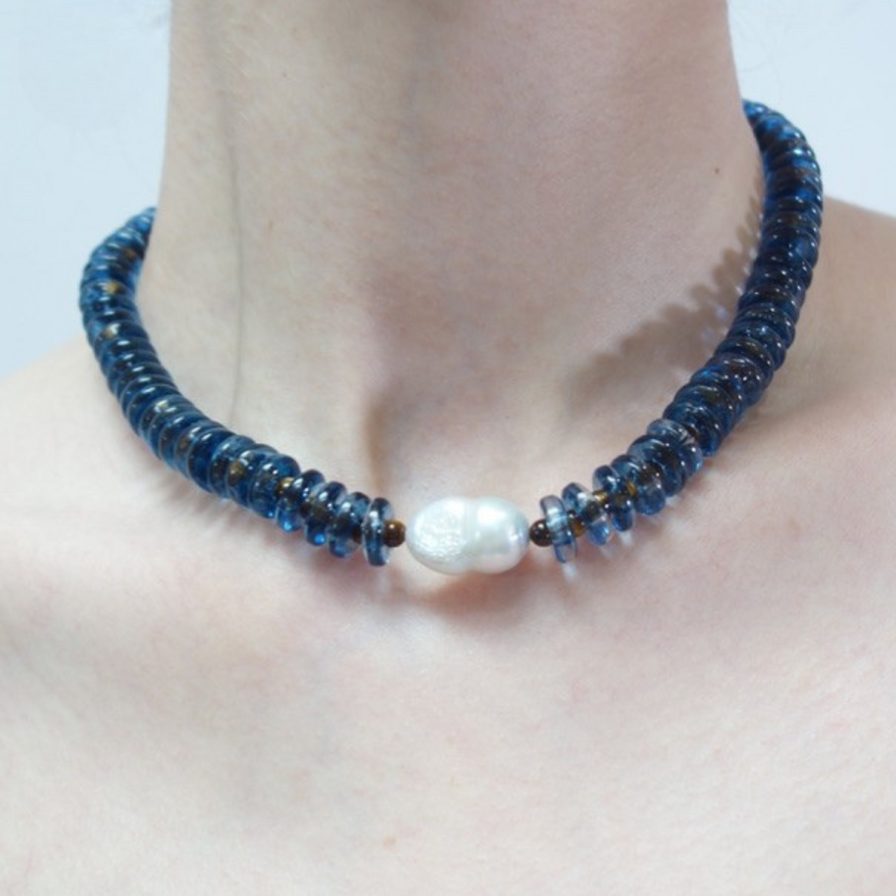 Sandralexandra blue and tiger eye rondelle wave necklace with baroque pearl