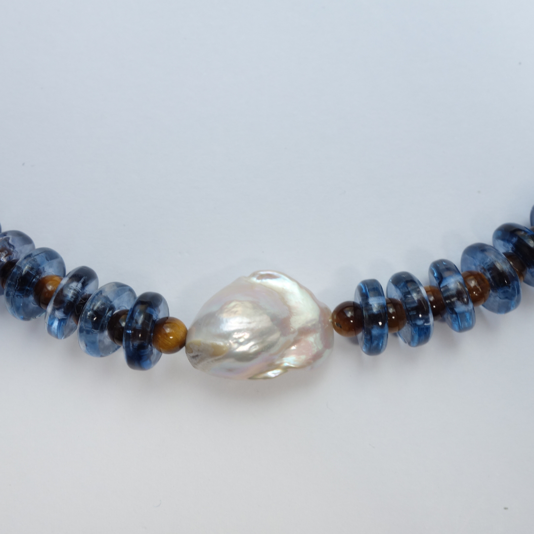 Sandralexandra blue and tiger eye rondelle wave necklace with baroque pearl