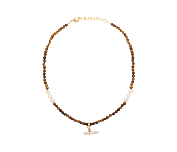 Sandralexandra pearl t-bar and tiger eye stone necklace