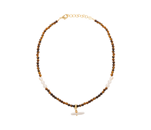 Sandralexandra pearl t-bar and tiger eye stone necklace