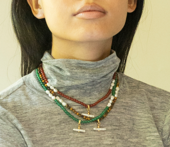 Sandralexandra pearl t-bar and tiger eye stone necklace