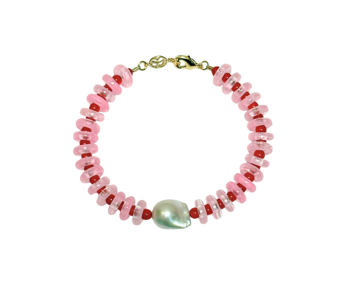 Sandralexandra pink and red rondelle wave bracelet with baroque pearl