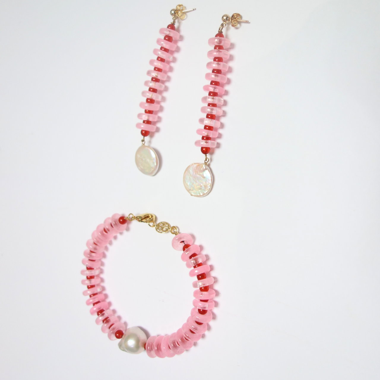 Sandralexandra pink and red rondelle wave bracelet with baroque pearl
