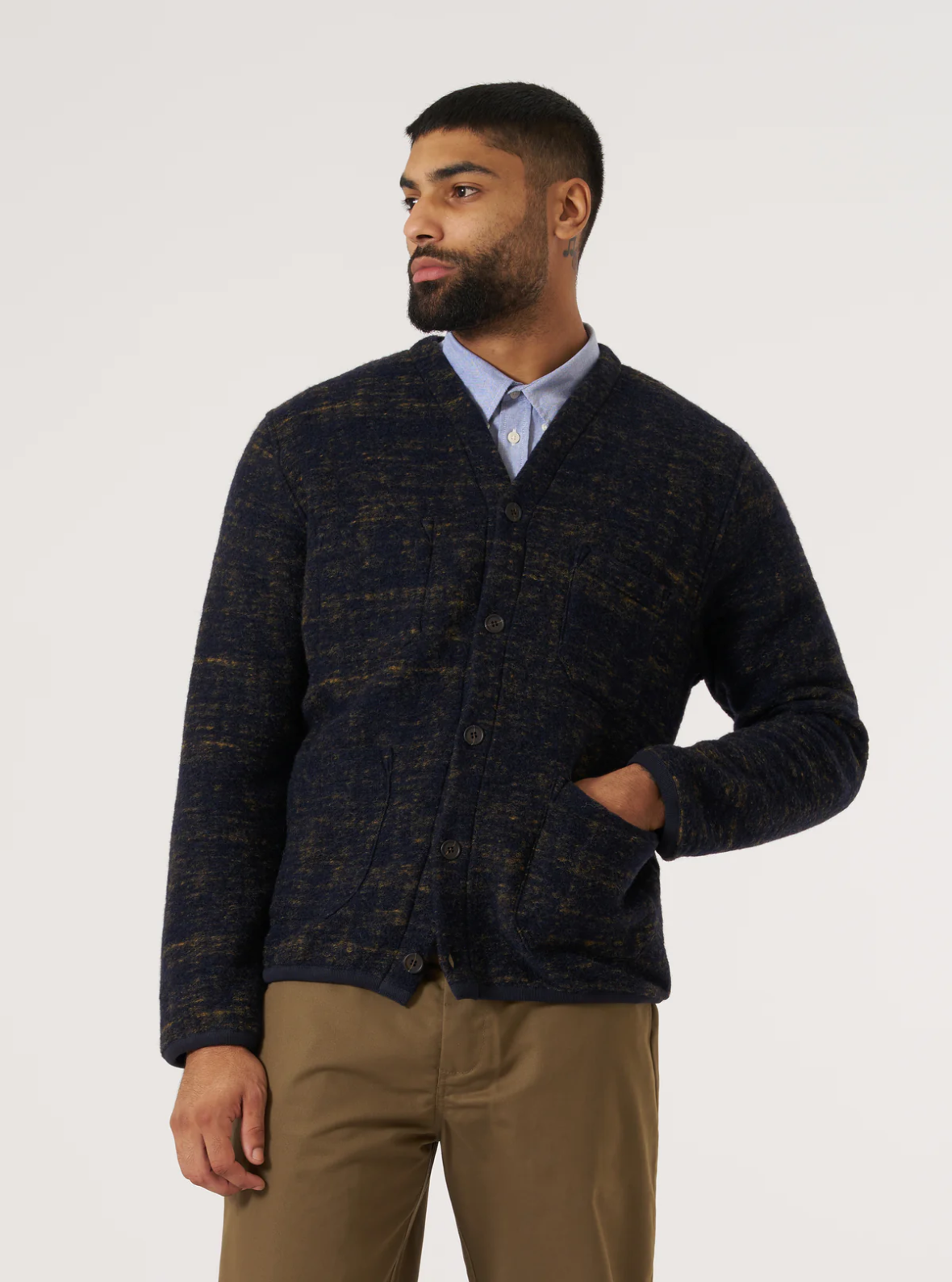 Universal Works Navy Marble Fleece Cardigan