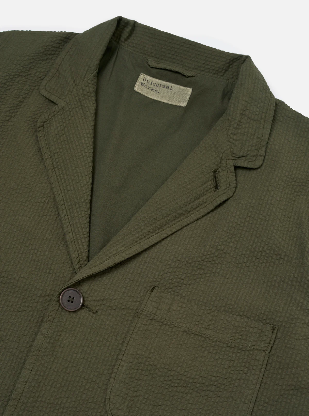 Universal Works Three Button Jacket Seersucker Olive – Curate