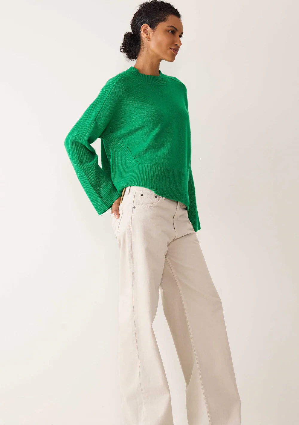 Loop Cashmere Ribbed Detail Lofty Crew Sweatshirt Billiard Green