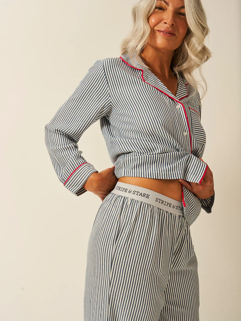 Stripe & Stare Soft Brushed Woven Pyjama Bottoms Midnight Stripe