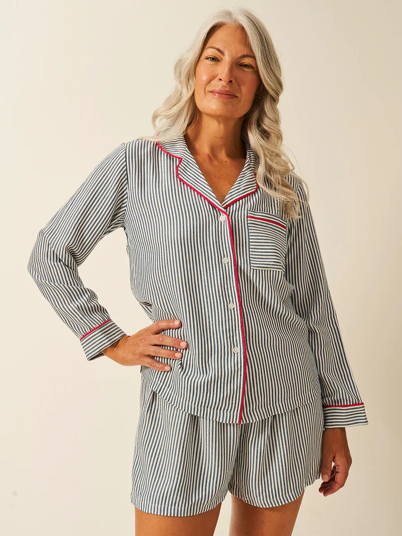 Stripe & Stare Soft Brushed Woven Pyjama Top Midnight Stripe