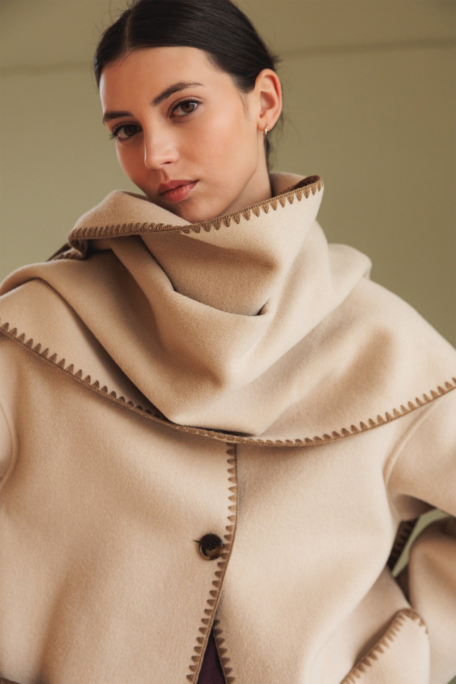 Indi & Cold Blanket Stitch Coat with Scarf Stone