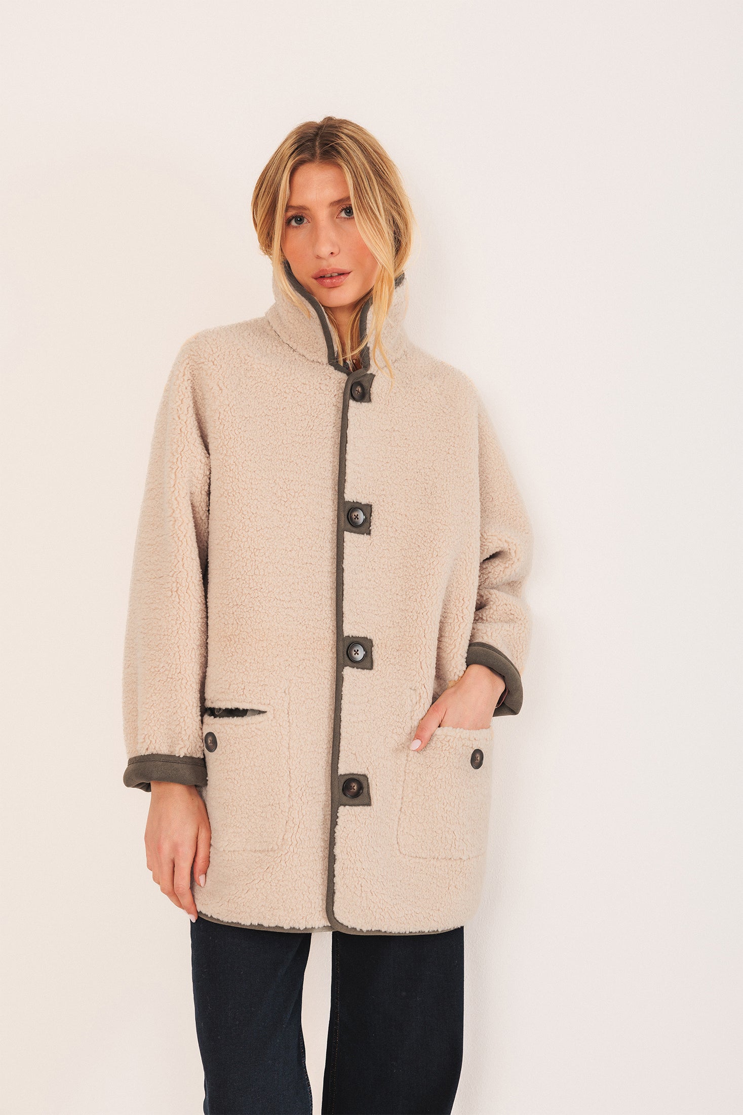 Indi & Cold Teddy Coat Khaki Reversible