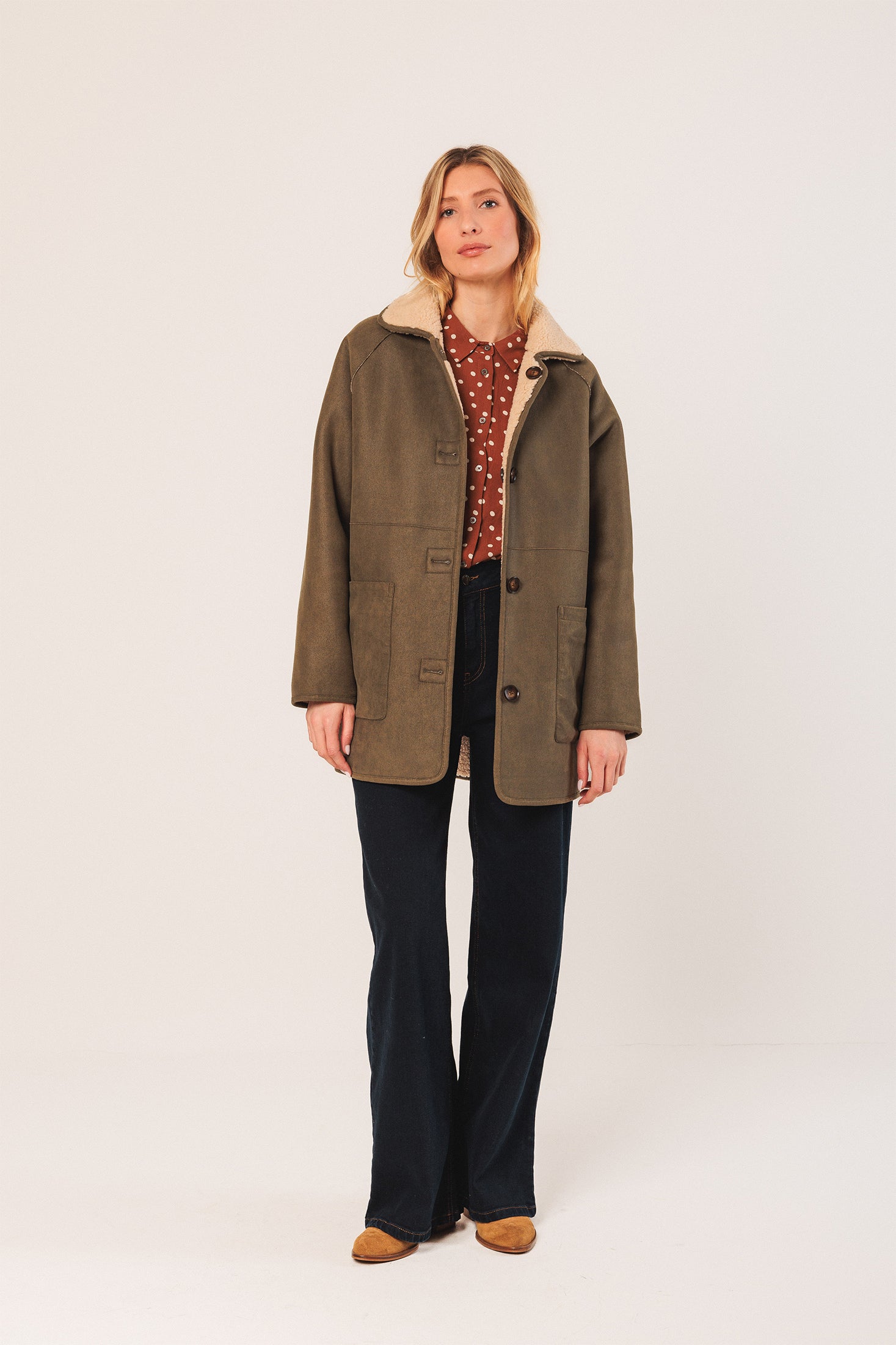 Indi & Cold Teddy Coat Khaki Reversible