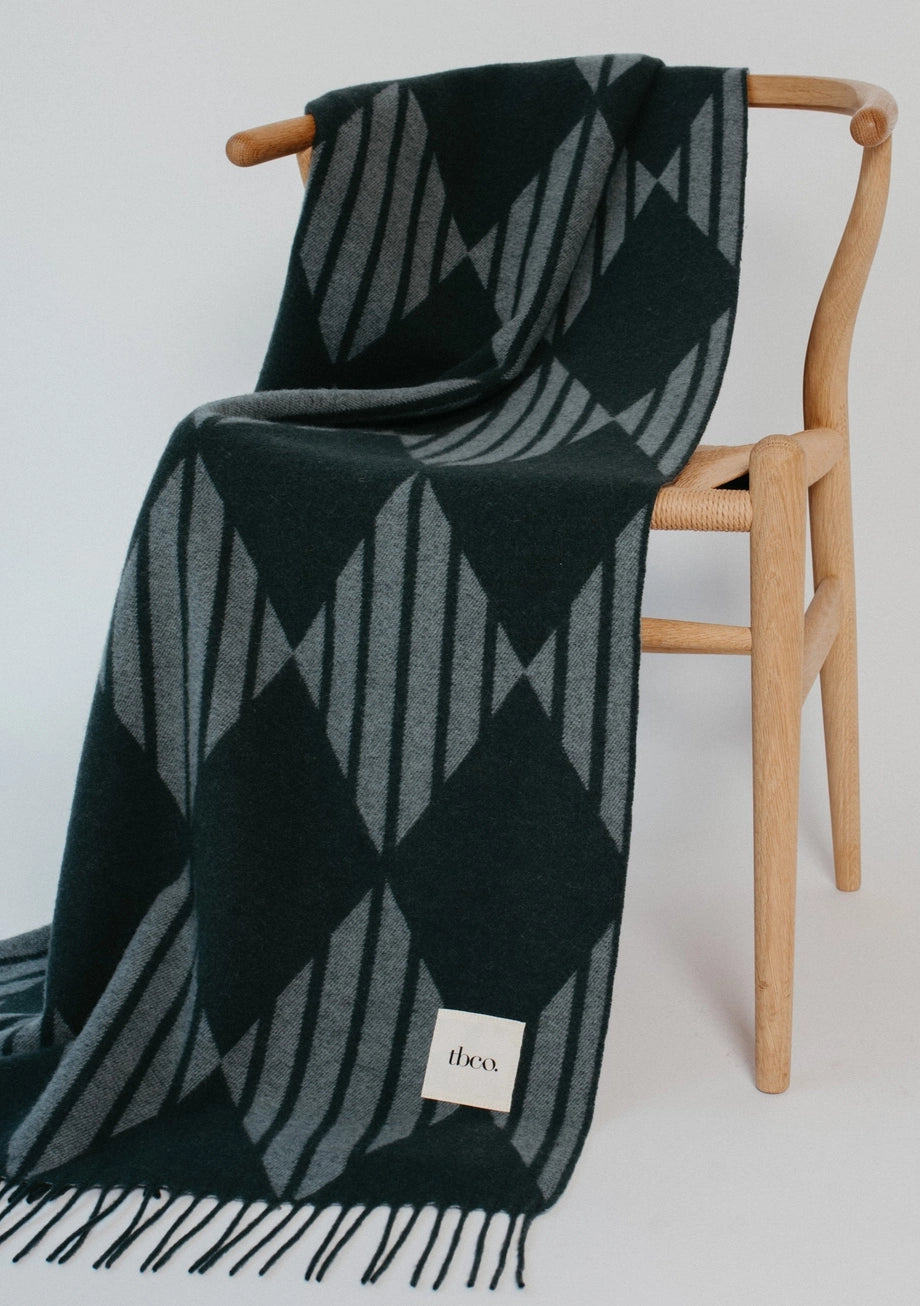 TBCo Lambswool Blanket in Green Stripe Harlequin Jacquard