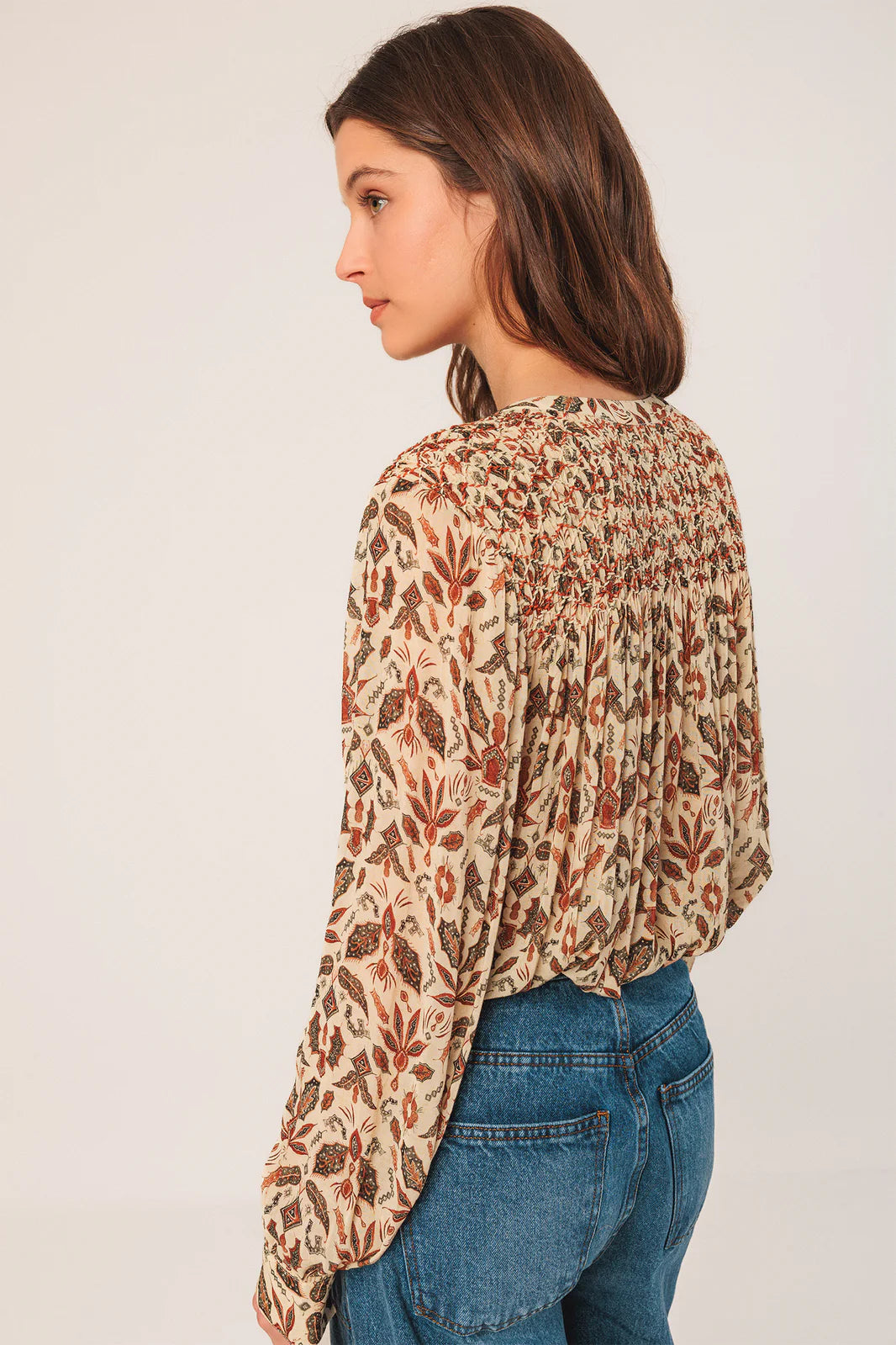 Indi & Cold Smock Detail Printed Blouse Caramel
