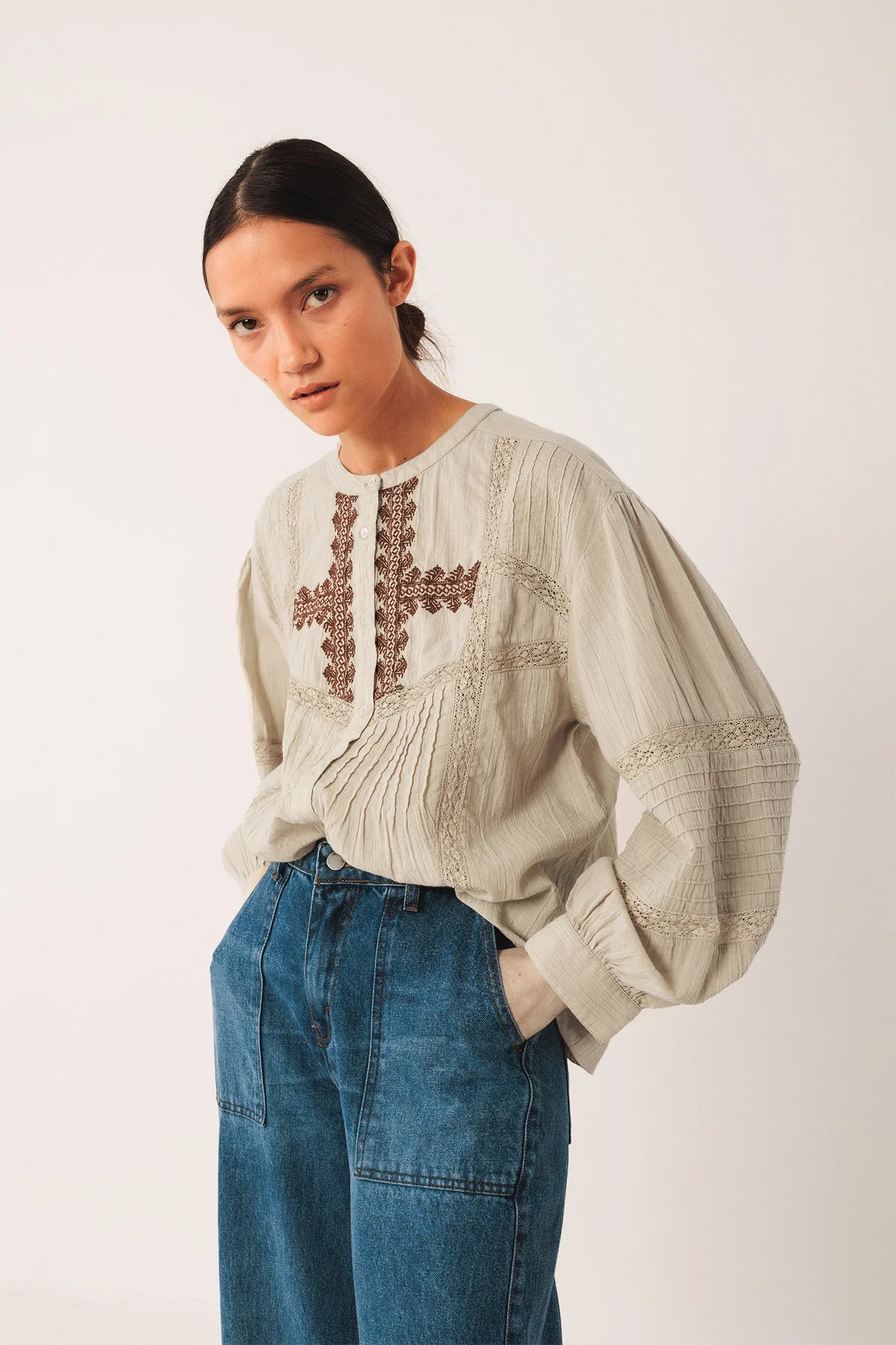 Indi & Cold Ethnic Embroidered Shirt Stone
