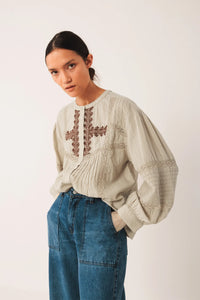 Indi & Cold Ethnic Embroidered Shirt Stone