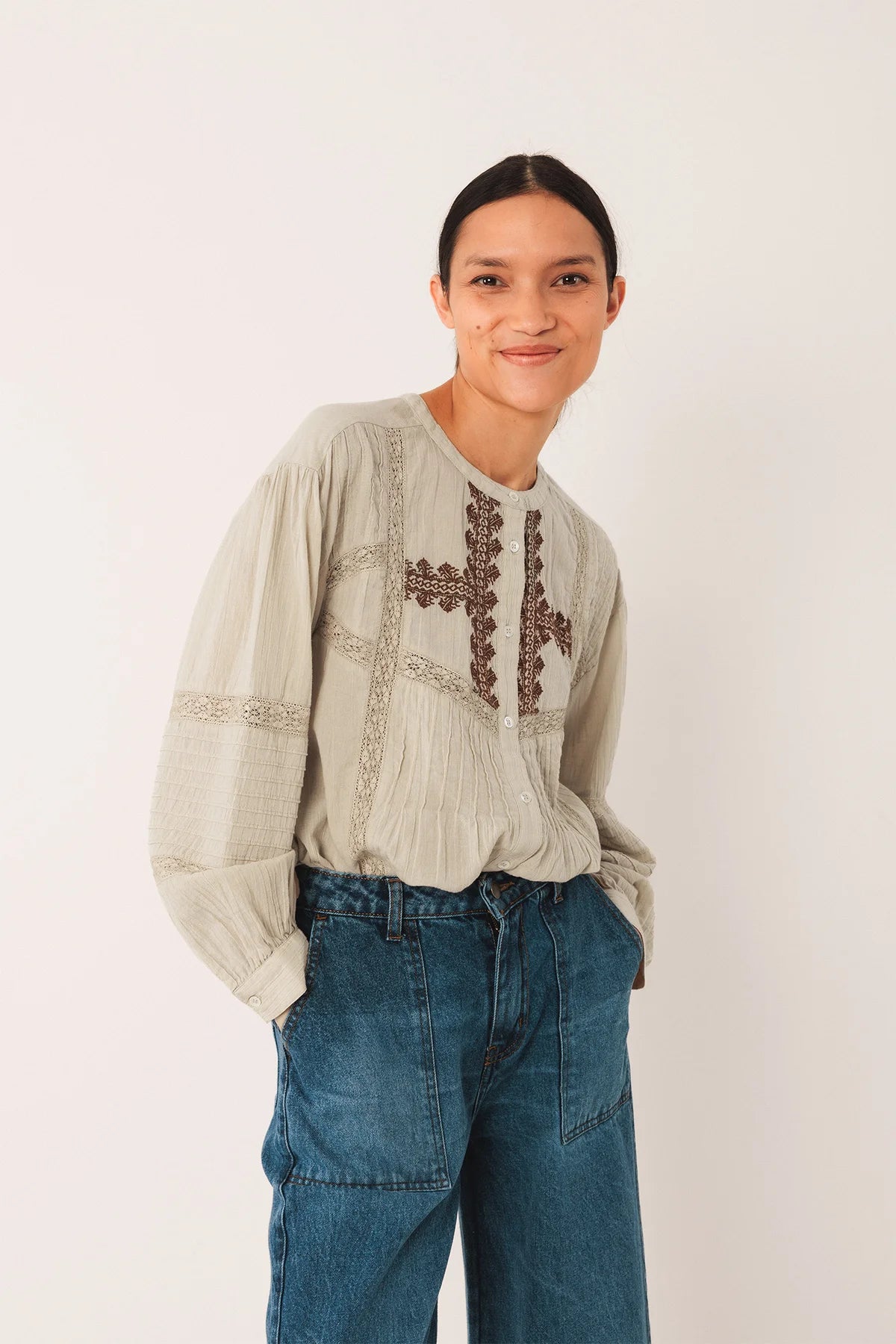 Indi & Cold Ethnic Embroidered Shirt Stone