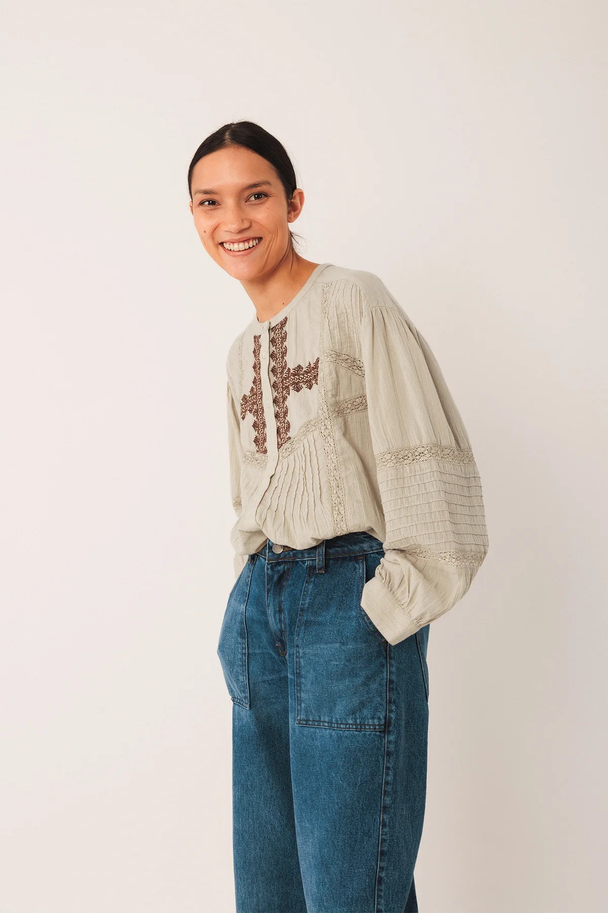 Indi & Cold Ethnic Embroidered Shirt Stone